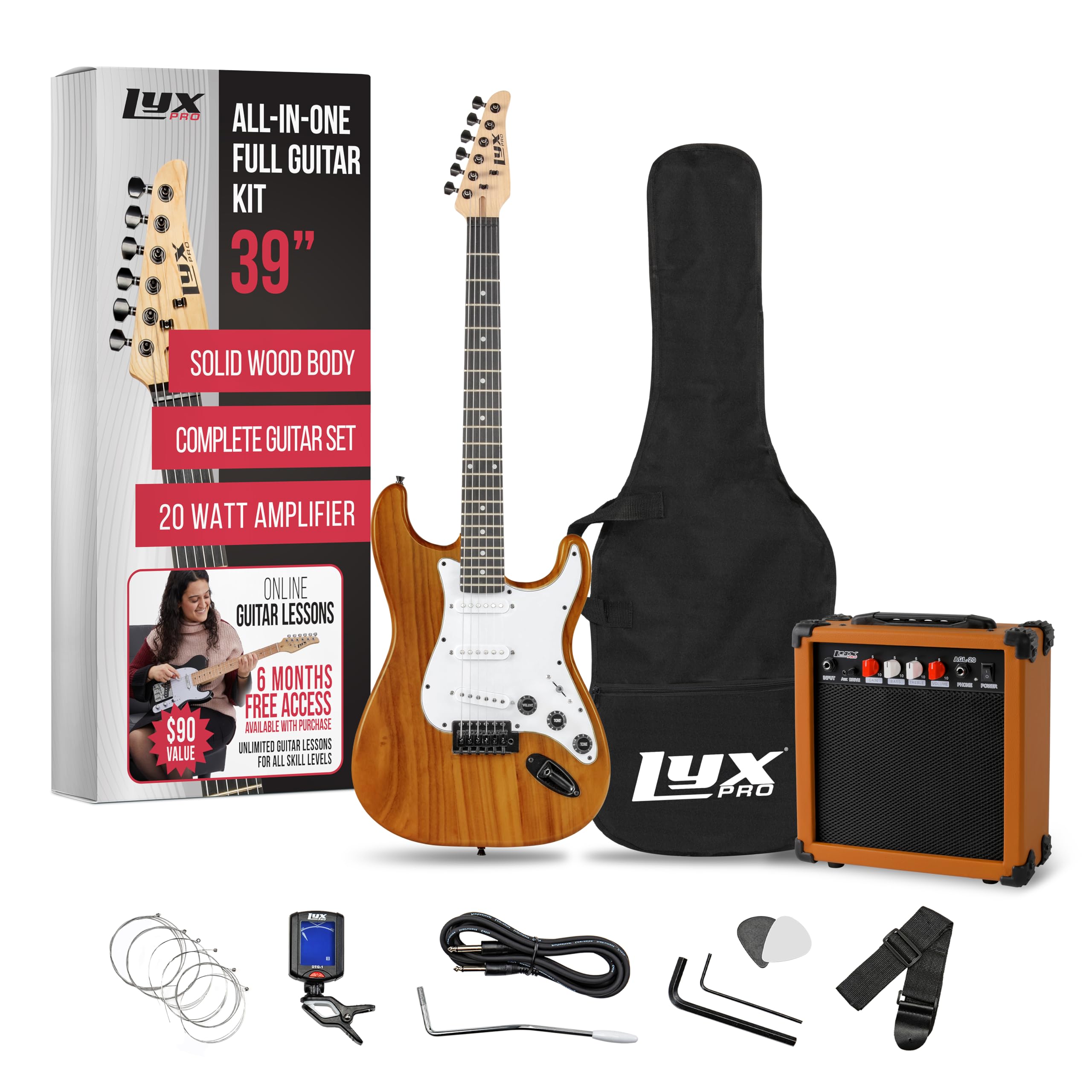 Lyxpro 39 Inch Electric Guitar Kit Bundle With 20W Amplifier, All Accessories, Digital Clip On Tuner, Six Strings, Two Picks, Tr